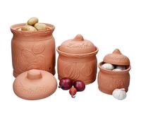 MamboCat Terracotta - Set di 3 barattoli per patate, cipolle e aglio in terracotta con coperchio, ideale per conservare a lungo termine