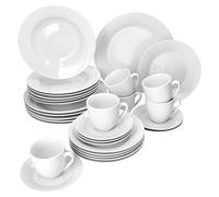 MamboCat Tommy - Servizio combinato da 30 pezzi, in porcellana bianca, per 6 persone, 6 tazze da caffè da 200 ml, piattini, piatti da torta, piatti fondi e piatti piani, lavagna e caffè per Gastro,