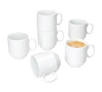 MamboCat Tommy - Set di 6 tazze da caffè, 220 ml, in porcellana bianca, con manico, per 6 persone, impilabili, per bevande calde, per tè, cacao, latte macchiato & Co