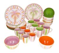 MamboCat Tropicana - Set da brunch in gres, 24 pezzi, motivo palme | Gres porcellanato, per sei persone, colazione e brunch, piatti, ciotole, tazza da caffè e tazza per yogurt, in arancione