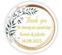 MameArt 50 etichette per matrimonio personalizzate, nome, 4 cm, grazie a voi per condividere il nostro speciale giorno adesivi per matrimonio, compleanno, anno battesimo, regali festa (Flores 06)