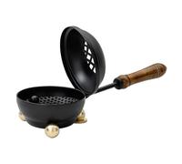 MaMeMi - Padella per fumare nera in ferro con manico in legno, piccola e compatta [diametro 8 cm, lunghezza con manico circa 22 cm] con setaccio rimovibile.