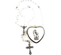 MaMeMi Rosario Prima Comunione con Perline Bianche e Croce - Calice Argento in Scatolina a Cuore Dorata con Angelo - Regalo Bambini