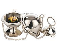 MaMeMi Set Incenso Jerusalem - Turibolo in Ottone Argentato 6 x 10 cm con Catena 25 cm - Include Incenso e Carbone - Handmade India