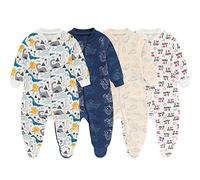 MAMIMAKA Tutina unisex per neonati, con cerniera a 2 vie, pigiama in cotone con piedi, per dormire e giocare, confezione da 3, 0-24 mesi, Piedini, confezione da 4, 0-3 Months