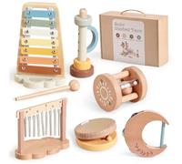 Mamimami Home Strumenti musicali stile bohémien per bambini dai 1 2 3 anni, 6 pezzi Montessori in legno, set di percussioni per bambini con xilofono, campana tubolare, clarinetto