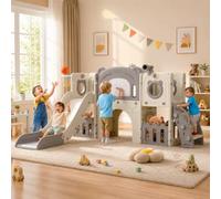 MAMIZO 10 in 1 Scivolo per Bambini, Scivolo Giocattolo da Interno o Esterno Canestri da Basket e Telescopi, Scivolo da Giardino Spazio di Deposito e Tunnel, mit 4PCS Moduls, Grigio Bianco