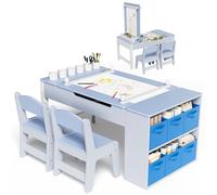 MAMIZO 3 in 1 Tavolo per Bambini con 2 Sedie, Tavolino e Sedie per Bambini in Legno con Piano Sollevabile e Cestini Portaoggetti per Cameretta e Soggiorno, Adatto Bambini dai 3 Anni in su (Blu)