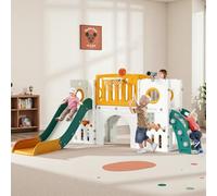 MAMIZO 9 in 1 Scivolo per Bambini, Scivolo Giocattolo da Interno o Esterno Canestri da Basket e Telescopi, Scivolo da Giardino Spazio di Deposito e Tunnel,2 anni e oltre,mit 2PCS Moduls, Giallo Verde