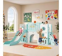 MAMIZO 9 in 1 Scivolo per Bambini, Scivolo Giocattolo da Interno o Esterno Canestri da Basket e Telescopi, Scivolo da Giardino Spazio di Deposito e Tunnel,2 anni e oltre,mit 2PCS Moduls,Verde e Bianco