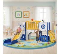 MAMIZO 9 in 1 Scivolo per Bambini, Scivolo Giocattolo da Interno o Esterno Canestri da Basket e Telescopi, Scivolo da Giardino Spazio di Deposito e Tunnel,2 anni e oltre,mit 2PCS Moduls, Giallo Blu