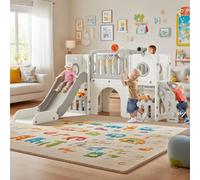 MAMIZO 9 in 1 Scivolo per Bambini, Scivolo Giocattolo da Interno o Esterno Canestri da Basket e Telescopi, Scivolo da Giardino Spazio di Deposito e Tunnel,2 anni e oltre,mit 2PCS Moduls, Grigio Chiaro