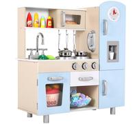 MAMIZO Cucina Legno per Bambini, con Effetti Simulati di Luce e Suono | Cucina Giocattolo in Legno con Telefono, Orologio, Macchina per il Ghiaccio, 81x74x30 cm, Blu