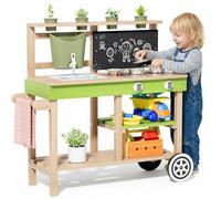 MAMIZO Cucina per Bambini da Esterno, Cucina Giocattolo in Legno con Ruote, Rubinetto Funzionante, Cassette per Piante, Lavagna, Ripiani e Accessori Cucina, 88,5x33,5x85 cm, per Bambini +3 Anni