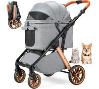 MAMIZO One-Touch Carro para Perros, Cochecito Plegable, hasta 25 kg, Estructura de aluminio y acero al carbono, Asa ajustable en altura, Portavasos, 4 PCS ruedas, para perros y gatos, Gris oscuro