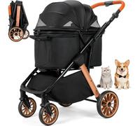 MAMIZO One-Touch Carro para Perros, Cochecito Plegable, hasta 25 kg, Estructura de aluminio y acero al carbono, Asa ajustable en altura, Portavasos, 4 PCS ruedas, para perros y gatos, Negro