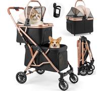 MAMIZO Passeggino Doppio Strato per Cani, Pieghevole Passeggino per Animali Domestici fino a 15 kg, Carrello per Cani, Passeggino Cane con Finestre a Rete e Portabevande e 4 PCS ruote, Nero