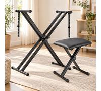 MAMIZO Supporto e sgabello per tastiera, regolabile in altezza, a X, supporto tastiera con sgabello, doppia cornice rinforzata, nero