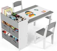 MAMIZO Tavolo per Bambini con 2 PCS Sedie, Tavolo in Legno con Rotolo di Carta, Mobile Montessori per Bambini 3-8 Anni, Ideale per Pittura/Leggere/Mangiare/Giocare, Montaggio Semplice Grigio Bianco
