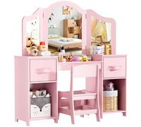 MAMIZO Toeletta Trucco Bambina 2 in 1, Toeletta per Bambi con Specchio Rimovibile, Sgabello, 2PCS Cassetto in Tessuto, Scrivania per Bambini, 108x30x114 cm, Rosa
