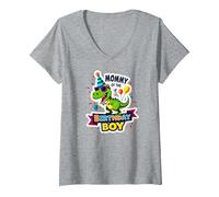 Mamma del Compleanno Ragazzo Cool Dino Party Maglietta con Collo a V, Donna, Grigio Melange, XL