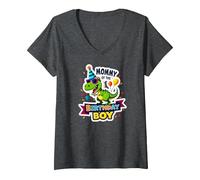 Mamma del Compleanno Ragazzo Cool Dino Party Maglietta con Collo a V, Donna, Grigio Scuro, XL