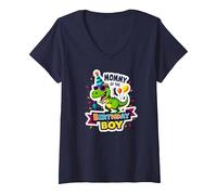 Mamma del Compleanno Ragazzo Cool Dino Party Maglietta con Collo a V, Donna, Navy, XL
