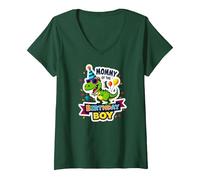 Mamma del Compleanno Ragazzo Cool Dino Party Maglietta con Collo a V, Donna, Verde Foresta, XL