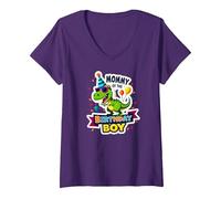 Mamma del Compleanno Ragazzo Cool Dino Party Maglietta con Collo a V, Donna, Viola, XL