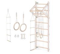 MAMOI® Spalliera da parete 210 cm per adulti, scala ginnica in legno con barra per trazioni, anelli e scala di corda, set di allenamento per casa e palestra