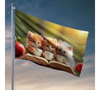 Man Cabe Decor Tre gattini che bevono il tè dalle tazze su un libro aperto. Bandiere per la decorazione della stanza, decorazione divertente per la stanza (60 x 90 cm)