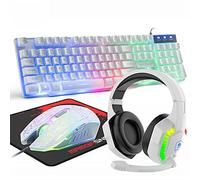 MANBASNAKE Tastiera da gioco cablata e mouse combinata, tastiera cablata retroilluminata a LED arcobaleno, cuffie over-ear con microfono, mouse da gioco retroilluminato arcobaleno, tappetino per