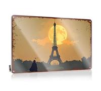 Mancave Accessories - Targa in latta con sagoma di Torre Eiffel contro la luna piena, decorazione per bar, decorazione per la casa (20 x 30 cm)