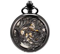 ManChDa Orologio da tasca meccanico antico fortunato Dragon & Phoenix (migliori auguri) quadrante scheletro con catena per uomini e donne + cofanetto, 4.nero, Secondi D'oro