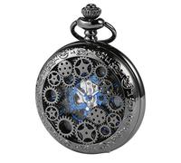 ManChDa Orologio da tasca meccanico automatico scheletro di Steampunk - Ruman blu nero numeri caso vuoto uomini le donne con scatola regalo catena