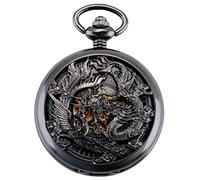 ManChDa Orologio da tasca meccanico per uomo donna drago e fenice orologio da tasca con catena, 1. nero, S, 1. Colore: nero