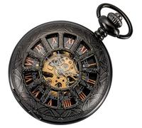 ManChDa Orologio da tasca - Orologio da tasca con catena scheletro meccanico antico Steampunk Vintage 12 Piccole Finestra Hollow Caso Fob orologio da uomo | Nero oro rosa numeri romani