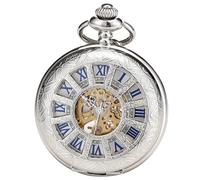 ManChDa Orologio da tasca - speciale lente d'ingrandimento meccanica orologio da tasca scheletro carica manuale steampunk numeri romani antico orologio da taschino e catena + confezione regalo, C1-d.