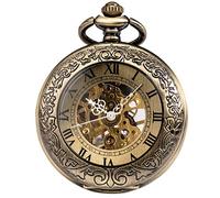 ManChDa Orologio da taschino - Orologio da tasca con scheletro meccanico con lente d'ingrandimento con coperchio speciale, numeri antichi romani Fob orologio da uomo con catena + confezione regalo