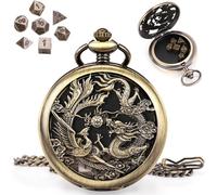 ManChDa Set di dadi mini DND Steampunk Dragon & Phoenix, custodia per orologio da tasca con conchiglia, 7 pezzi in metallo poliedrico set di dadi D&D, regali DND con confezione regalo, accessori per