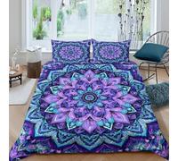 Mandala designSet Di Copripiumino microfibra 3 Pezzi stampa di 3D cerniera nascosta Purple blue floral art copripiumino con federe traspirante ultra morbido for coppie Single（135x200cm）