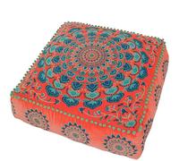 Mandala Life ART Orange Pouf Pouf - Fodera per pouf con ricamo in velluto, morbido cuscino da pavimento ricamato con design marocchino, diametro 60 cm, ideale per soggiorno, camera da letto o sala