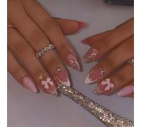 Mandelförmige French Tip Press-On-Nägel - Mittelrosa Kunstnägel mit 3D-Schleifen-Diamant-Glitzer-Designs, glänzende, wiederverwendbare Kunstnägel mit Klebelaschen - 24-teiliges Nagelset für die