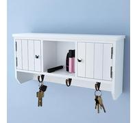 Mandloder Armadio da parete bianco antico per chiavi con ante e ganci, 40 x 8,5 x 20 cm, MDF, per riporre chiavi e piccoli oggetti, design elegante per la casa