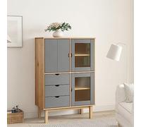 Mandloder Highboard OTTA marrone e grigio, 85 x 43 x 125 cm, in legno di pino massiccio, con 3 cassetti e ante