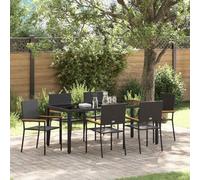 Mandloder Set da pranzo da giardino, 7 pezzi, nero, in rattan sintetico, per esterni, con piano in vetro temperato, 6 sedie e tavolo, stabile per terrazza