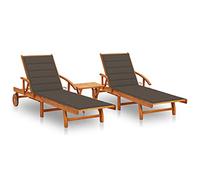 Mandloder Set di 2 lettini prendisole in legno massello di acacia con tavolino e cuscinetti, sdraio da giardino regolabile, per terrazza, balcone, piscina e spiaggia, all'aperto, chaise longue