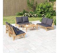 Mandloder Set di 5 mobili da giardino in bambù naturale, cuscino grigio scuro, set di conversazioni, robusto set di mobili da balcone per terrazza e giardino, portata 110 kg per sedile