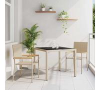 Mandloder Set moderno da giardino in rattan sintetico, per 2 persone, beige, 90 x 90 x 75 cm, con piano in vetro temperato, resistente alle intemperie, per terrazza e balcone