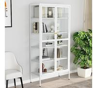 Mandloder Vetrina bianca 90 x 40 x 180 cm, acciaio e vetro temperato, 4 ripiani regolabili, per ufficio, garage, cucina